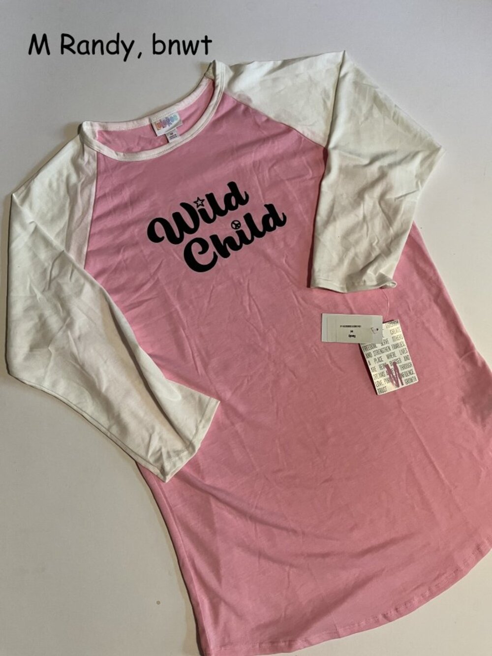 Medium Lularoe Randy unisex raglan jersey top, pink white Wild Child
